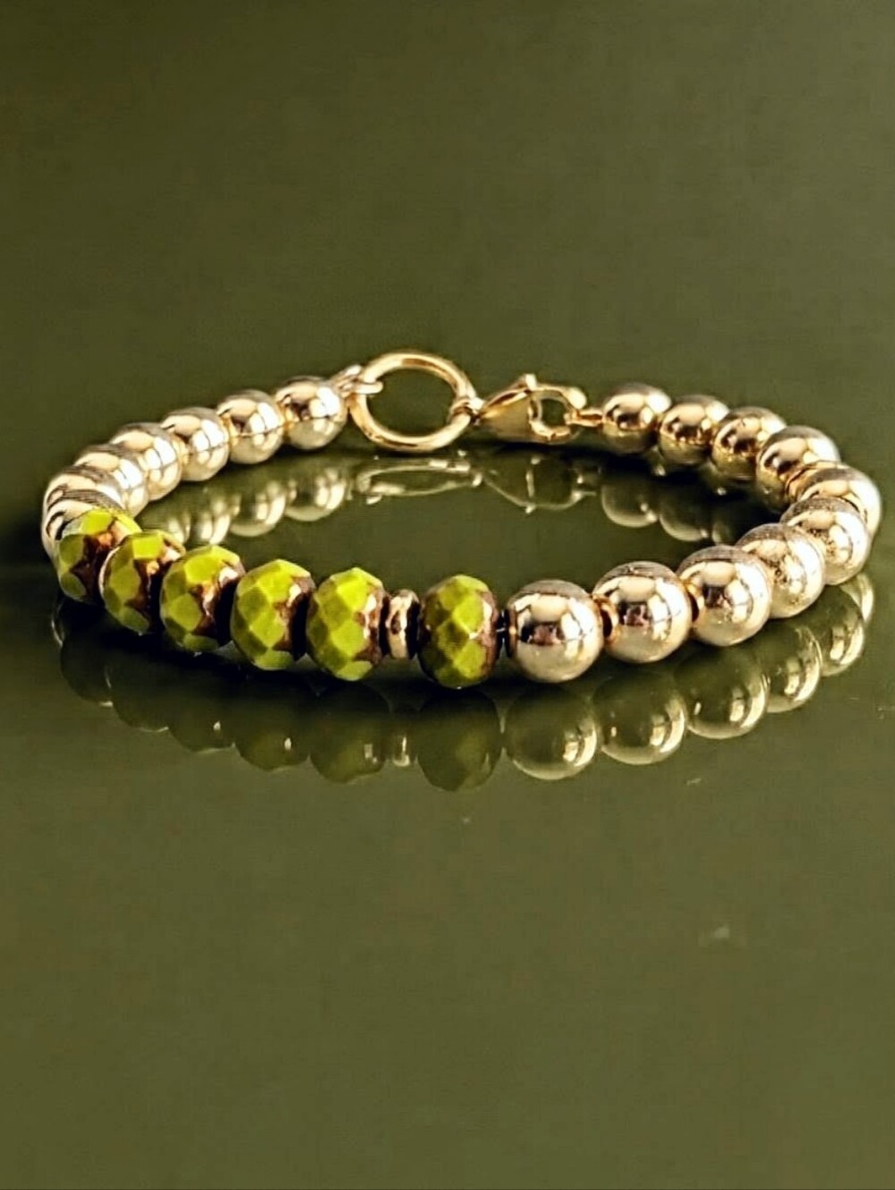 Avocado Green and Metal Gold Plated Balls in Classic Bracelet